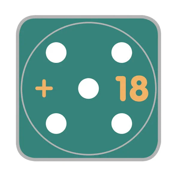 Dé qui affiche le nombre 5 avec une indication en plus de +18 pour stipuler qu'il s'agit de jeux d'adultes
