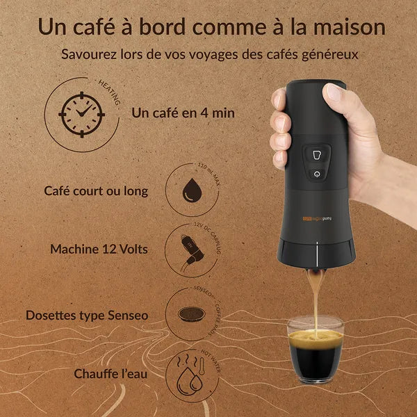 Handcoffee Auto 12V de Handpresso - explication : Un café à bord comme à la maison. Savourez lors de vos voyages des cafés généreux. Un café en 4 min. Un café court ou long. Machine 12 Volts. Dosette à café. Chauffe l'eau.
