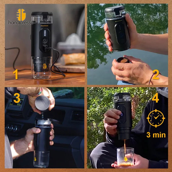 Handpresso E-Presso - 4 vues 1/ appareil allumé 2/ tenu dans une main 3/ verse de l'eau 4/ verse du café avec indication 3 min