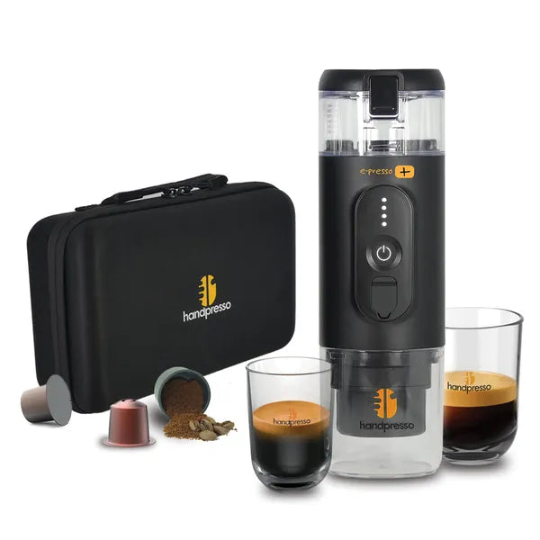 Machine à expresso portable Set E-Presso plus de Handpresso - vue de la valisette avec la machine, un espresso, un longo et des capsules de café