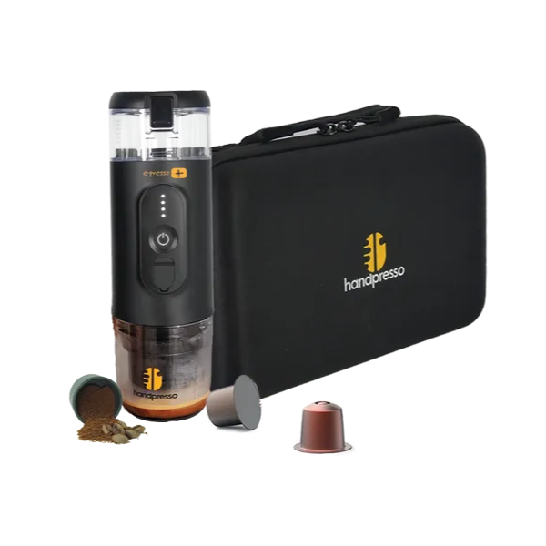 Machine à expresso portable Set E-Presso plus de Handpresso - vue de la valisette avec la machine et des capsules de café devant