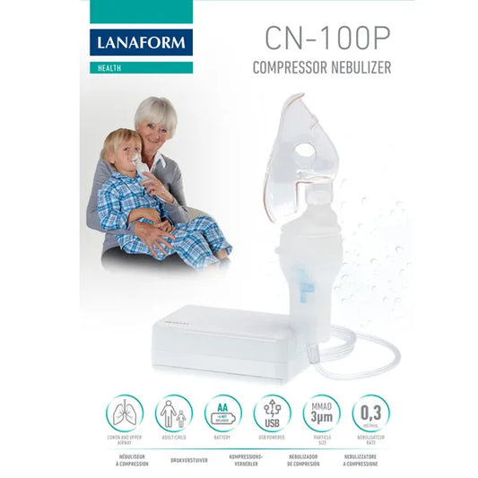 Aérosol compact Lanaform – emballage illustré avec une femme utilisant l’appareil sur un enfant