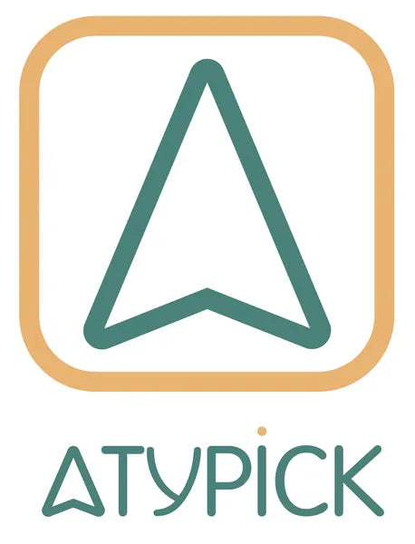 Logo de la marque Atypick un carré orange qui entoure une flèche turquoise foncé de type gps avec l'écriture de la marque en lettre en dessous