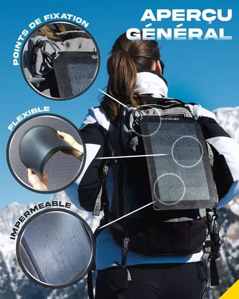 Panneau solaire ultraléger et compact Sunslice – vue du modèle 6W fixé sur un sac à dos, avec les inscriptions “points de fixation”, “flexible” et “imperméable” visibles sur le côté
