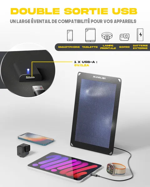 Chargeur solaire ultraléger et compact de Sunslice - vue du 6W avec en dessin ce qu'on peut y charger : smartphone, tablette lampe frontale, Gopro et batterie externe