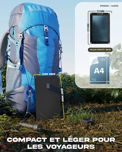 Panneau solaire ultraléger et compact Sunslice – vue du panneau devant un sac à dos avec les dimensions 190 mm et 290 mm avec indication et "compact et léger pour les voyageurs "
