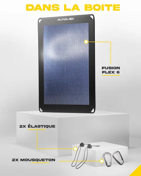 Panneaux solaires ultralégers et compacts de Sunslice - vue du 6W avec 2 élastiques et deux mousquetons