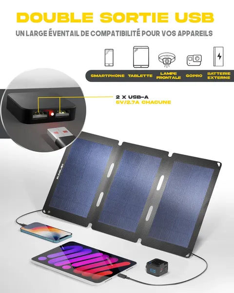 Panneaux solaires ultralégers et compacts de Sunslice - vue du 18W avec en dessin ce qu'on peut y charger : smartphone, tablette lampe frontale, Gopro et batterie externe