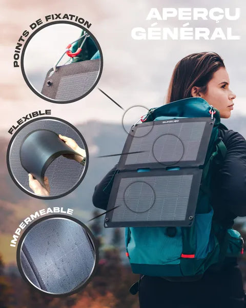 Panneau solaire ultraléger et compact Sunslice – vue du modèle Flex 12W fixé sur un sac à dos, avec les inscriptions “points de fixation”, “flexible” et “imperméable” visibles sur le côté