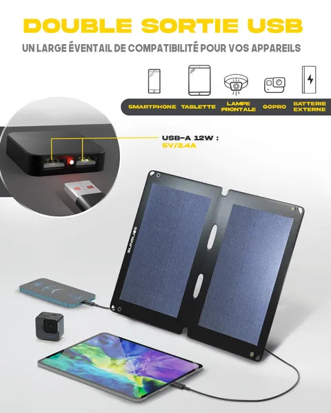 Panneaux solaires ultralégers et compacts de Sunslice - vue du panneau Flex 12W avec en dessin ce qu'on peut y charger : smartphone, tablette lampe frontale, Gopro et batterie externe