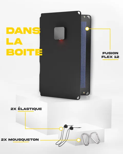 Panneaux solaires ultralégers et compacts de Sunslice - vue du panneau 12W dans sa boite avec 2 élastiques et deux mousquetons