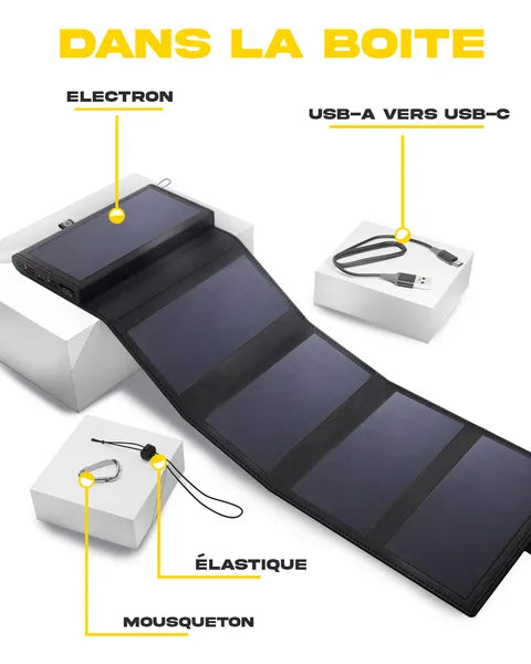 Electron, batterie solaire portable de Sunslice - vue déplié avec dans la boite électron, USB-A vers USB-C, élastique et mousqueton