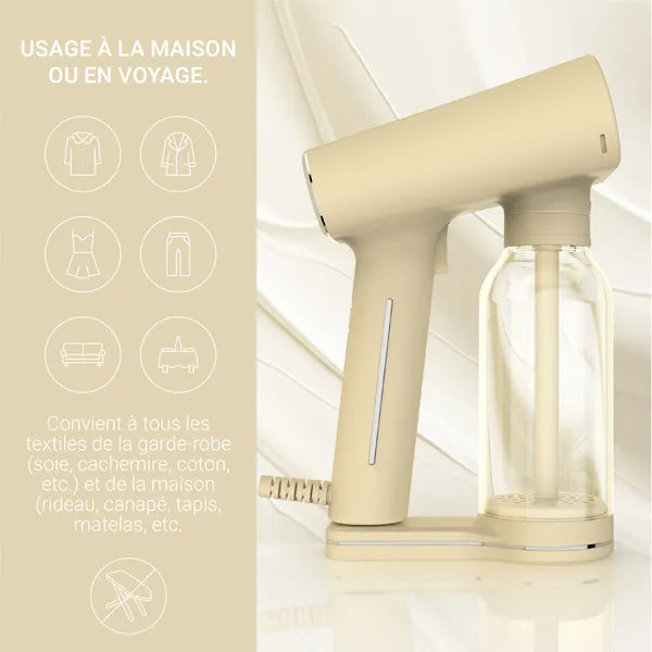 Défroisseur couleur crème avec texte explicatif usage à la maison ou en voyage. pas besoin de planche à repasser. Convient à tous les textiles de la garde de robe (soie, cachemire, coton etc) et la maison (rideau canapé, tapis, matelas, etc)