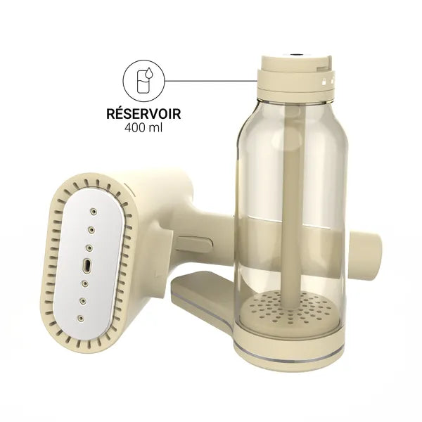Défroisseur couleur crème - mise en avant du réservoir de 400 ml avec la tête devisée et mise sur le coté