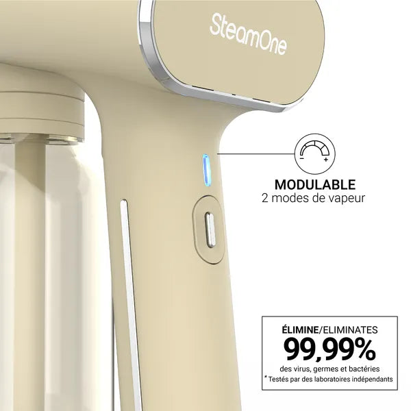 Défroisseur couleur crème - gros plan bouton modulable 2 modes de vapeur