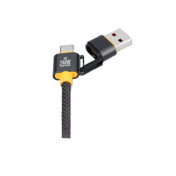 Câble multi-connecteurs Waka Waka Connect Pro – Vue du connecteur 240W avec embout détaché USB-C et USB-A.