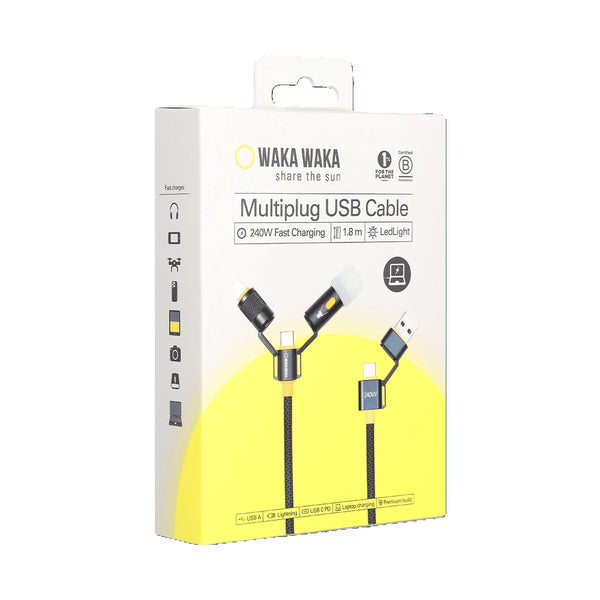 Câble multi-connecteurs Waka Waka Connect – Vue dans sa boite de l'ensemble du connecteur avec image des différents embouts détachés USB-C, USB-A et lampe LED.