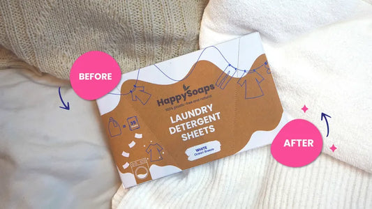 Feuilles de lavage blanc Happy Soaps - vue du paquet fermé avec comparaison avant/après en lavant avec les feuilles