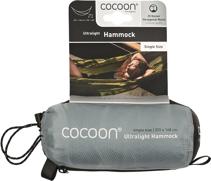 Hamac ultraléger de Cocoon – bleu/gris – présenté dans sa pochette