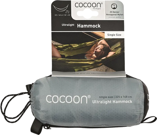 Hamac ultraléger de Cocoon – bleu/gris – présenté dans sa pochette