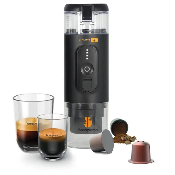 Handpresso E-Presso - vue de l'appareil avec des capsules de café et deux tasses à café