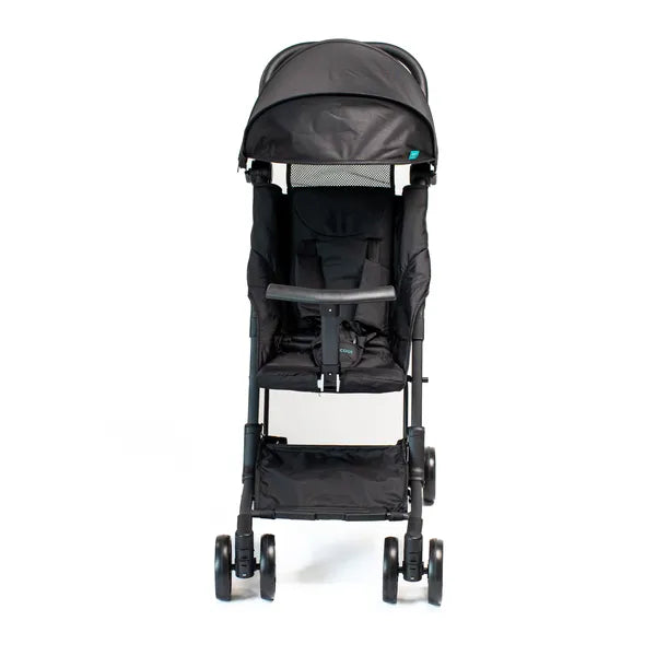 Poussette de voyage Urban Kanga noire- vue de face dépliée avec le pare-soleil déplié