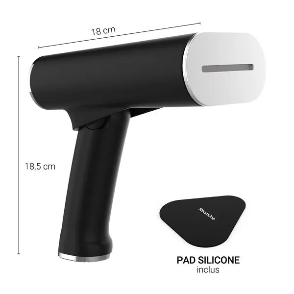 Défroisseur pliable Steamone - noir - vue de profil avec dimensions 18 cm sur 18n5 cm et vue du pad silicone inclus