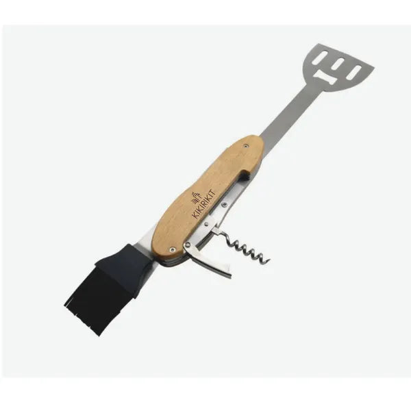 Kit d'ustensiles de BBQ de Kikirikit en vue ouverte avec
1 spatule
1 pinceau de cuisine
1 tire-bouchon
1 décapsuleur