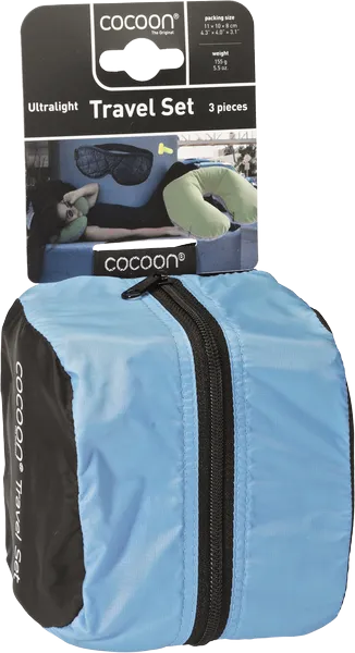 Kit de voyage 3 pièces de Cocoon - bleu - vue de la pochette zippée avec l'étiquette
