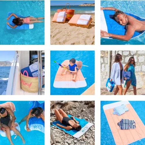 Différentes photos de mise en situation dans l'eau, sur le sable en le transportant