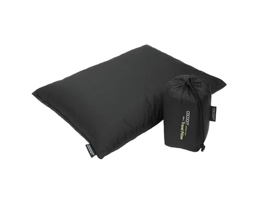 Oreiller de voyage en duvet hydrophobe de Cocoon - noir - vue du coussin et de sa pochette de rangement