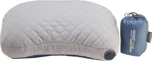 Oreiller de voyage gonflable en duvet hydrophobe - bleu - vue de dos et de sa housse de rangement