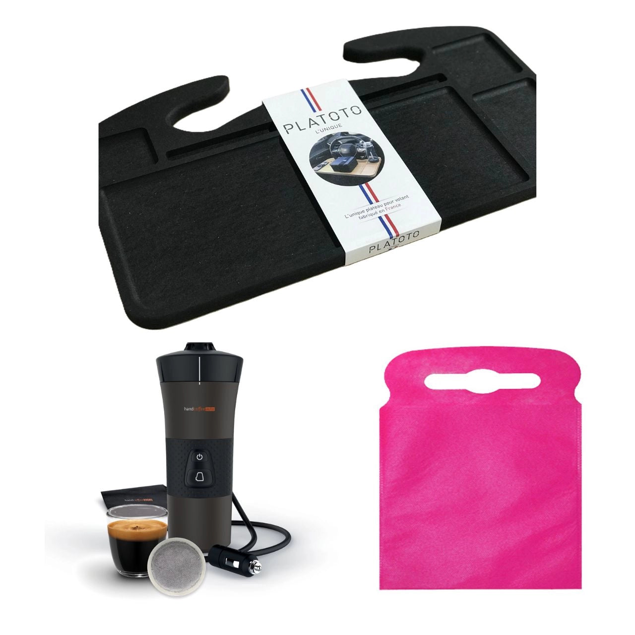 Kit nomade business de luxe- présenté avec le plateau bois noir, la machine à café dans son entièreté et le sac poubelle de voiture rose taille L.