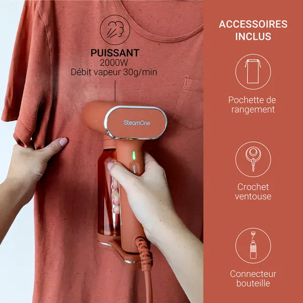 Défroisseur couleur rouille - explication générale pochette de rangement crochet ventouse, connecteur bouteille et puissance de 2000W début vapeur 30g/min