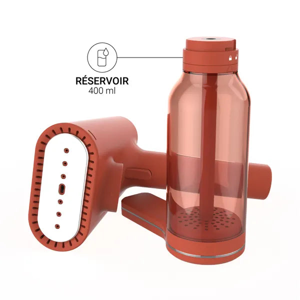 Défroisseur couleur rouille - mise en avant du réservoir de 400 ml avec la tête devisée et mise sur le coté