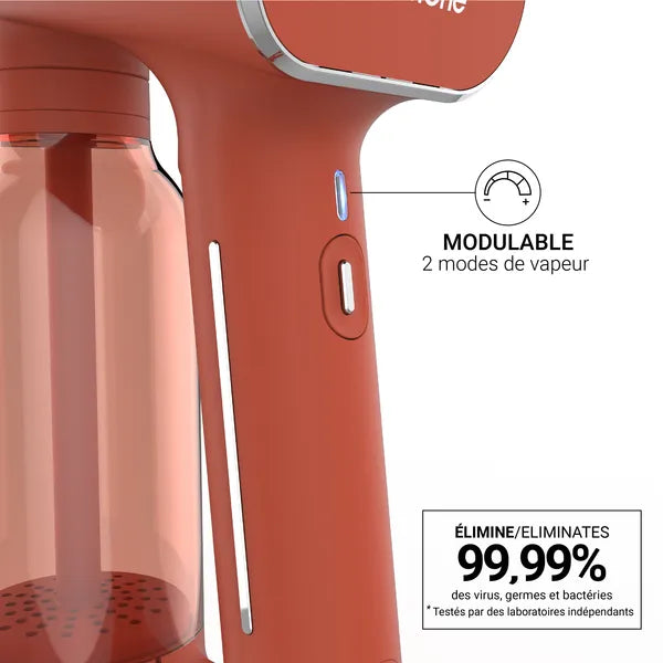 Défroisseur couleur rouille - gros plan bouton modulable 2 modes de vapeur