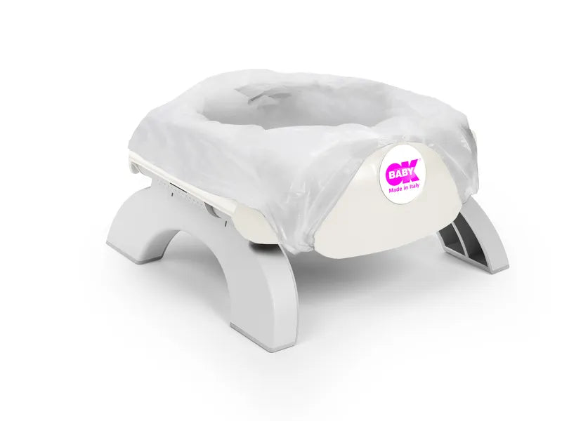 Pot bébé pliable 3-en-1 couleur écru – vue dépliée avec la protection du petit pot pour uriner