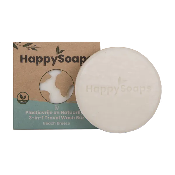 Savon de voyage 3-en-1 The Happy Soaps senteur beach breeze - vue du savon à coté de sa boite