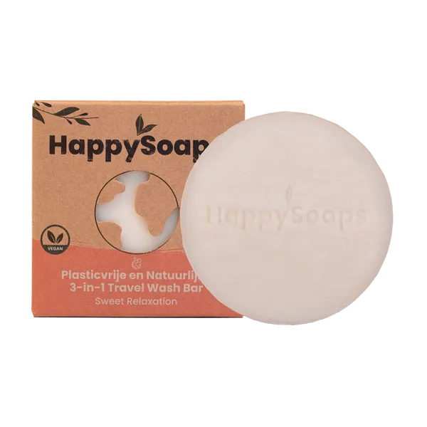 Savon de voyage 3 en 1 The Happy Soaps senteur Sweet Relaxation - vue du savon à coté de sa boite