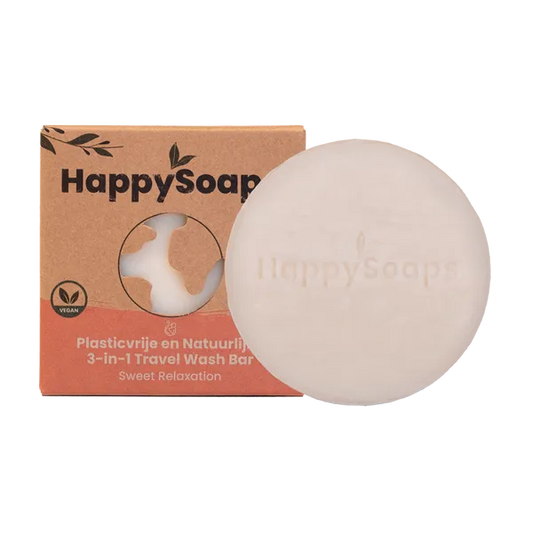 Savon de voyage 3 en 1 The Happy Soaps senteur Sweet Relaxation - vue du savon à coté de sa boite