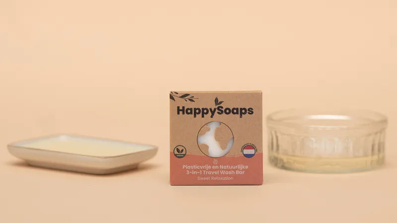 Savon de voyage 3 en 1 The Happy Soaps senteur beach breeze - vue du savon dans sa boite