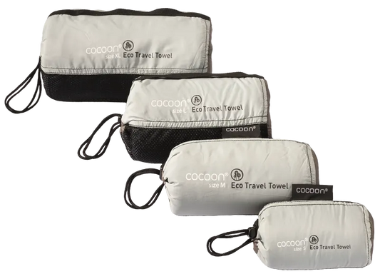 Serviette de voyage ultralégère Cocoon – vue des pochettes : S, M, L et XL