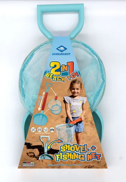 Set de plage 2-en-1 épuisette et pelle de Schildkröt - vue en version fermée et dans son emballage