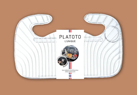Tablette réversible Platoto transparent - vue d'ensemble avec son emballage