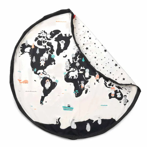 Sac de rangement et tapis de jeu Play and Go – motif monde – vue du tapis de jeu avec un coin plié laissant apparaître le verso et les étoiles