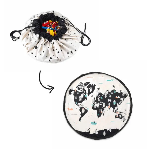 Sac de rangement et tapis de jeu Play and Go – motif monde – vue du sac de rangement et du tapis de jeu