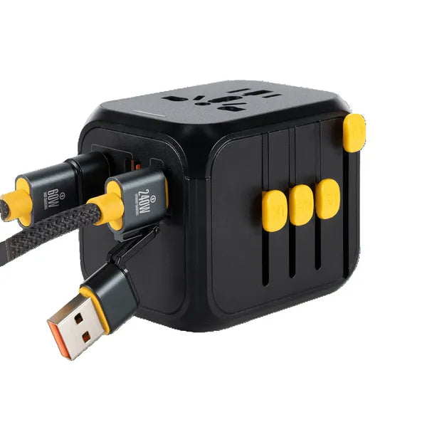 Adaptateur universel Waka waka - vue des connecteurs USB-A et USB-C avec des câbles connectés