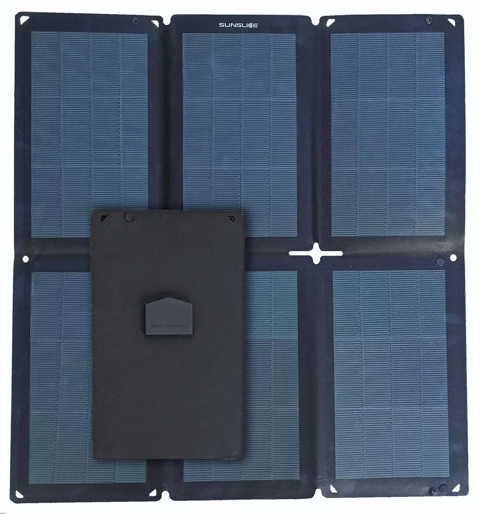 Panneaux solaires ultralégers et compacts de Sunslice - vue du panneau 48W ouvert avec sa boite