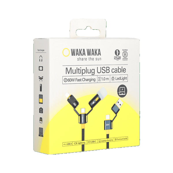 Câble multi-connecteurs Waka Waka Connect – Vue dans sa boite de l'ensemble du connecteur avec image des différents embouts détachés USB-C, USB-A et lampe LED.