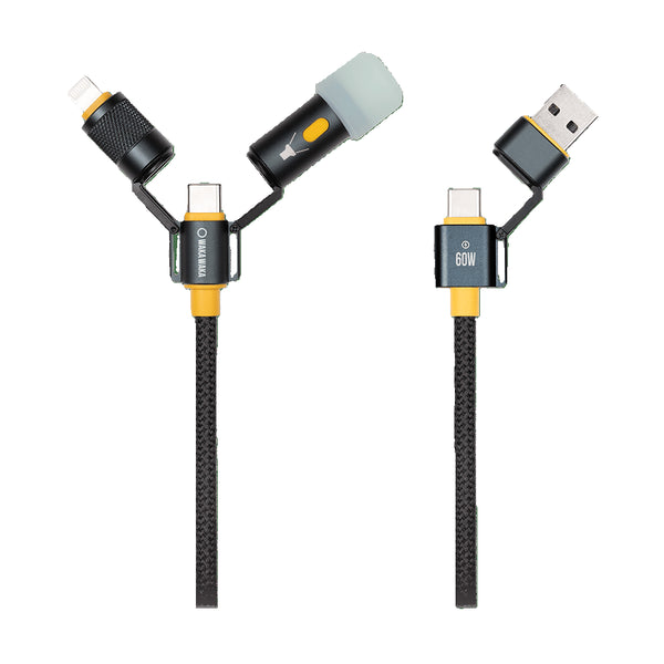 Câble multi-connecteurs Waka Waka Connect – Vue d’ensemble du connecteur, avec les différents embouts détachés, USB-C, USB-A et lampe LED.